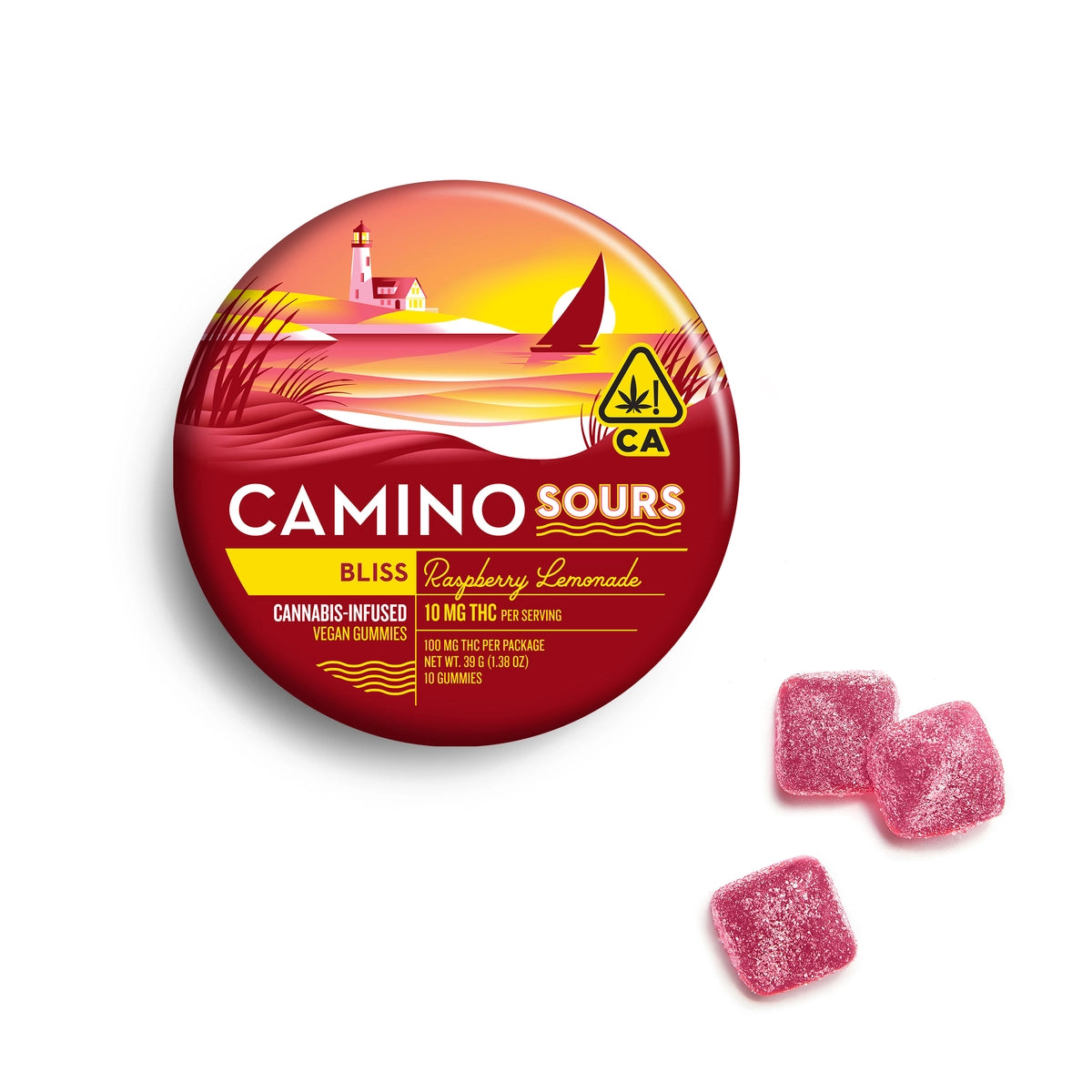 Kiva Confections Camino Sours Raspberry Lemonade Edible Cannabis Gummies for delivery in Long Beach California only at JuanaShoppe